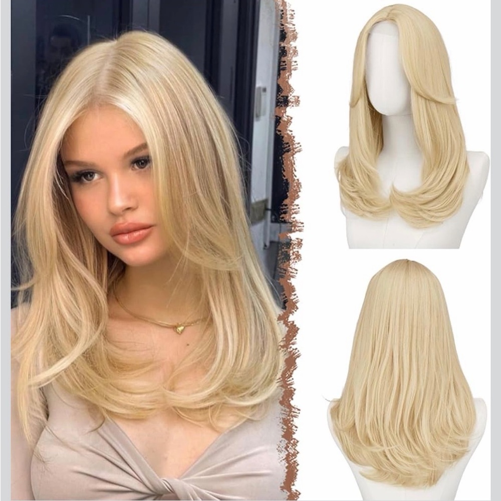 FESHFEN Blonde Wigs W/Bangs-Long Layered Straight Light Blonde Synthetic,18 Inch